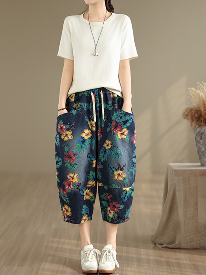 Chic Cotton Floral Harem Pants with Drawstring Waist and Oversized Pockets