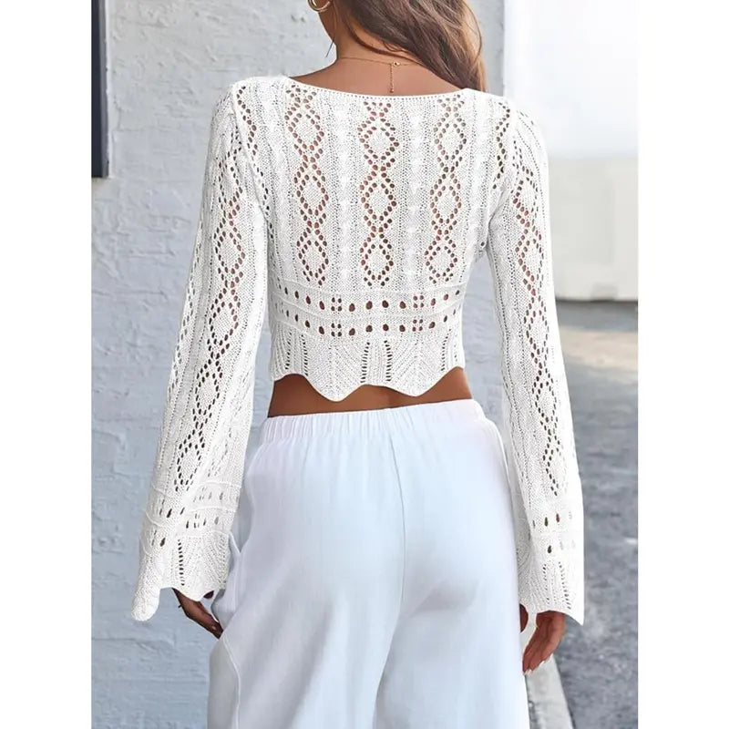 üåº Hollow Out Drawstring Flare Sleeve Cropped Top-Women Minimalist Knit Sweaterü™°