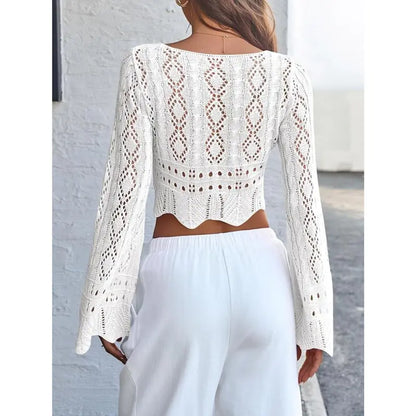 üåº Hollow Out Drawstring Flare Sleeve Cropped Top-Women Minimalist Knit Sweaterü™°