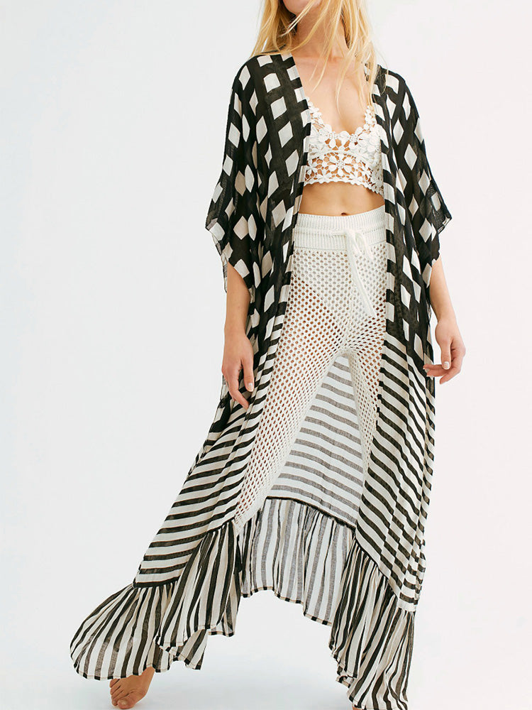 Printed Black Color Chiffon Long Length Gown Kimono Duster Robe