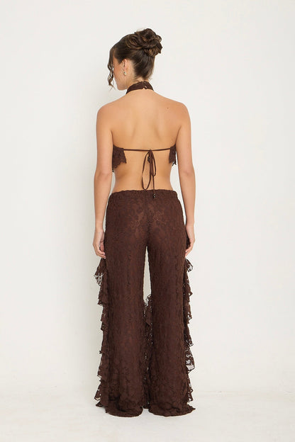 Sydney Lace Ruffle Trousers | Brown
