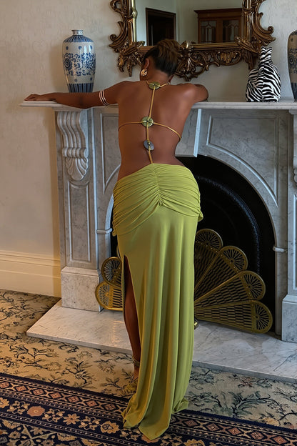 Halter Cutout Beaded Ruffle Maxi Dress
