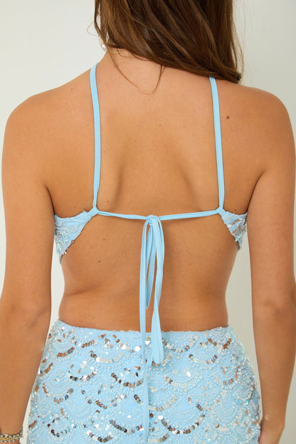 Polly Beaded Halterneck Top | Blue