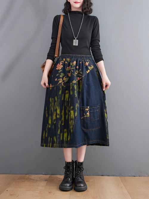 Women's Summer Comfy Printed Patchwork Denim Loose Bottom