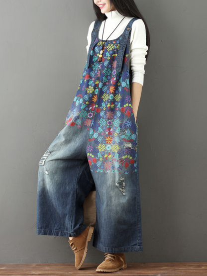 Boho Wide-Leg Denim Overalls with Vibrant Floral Print | Eva Trends