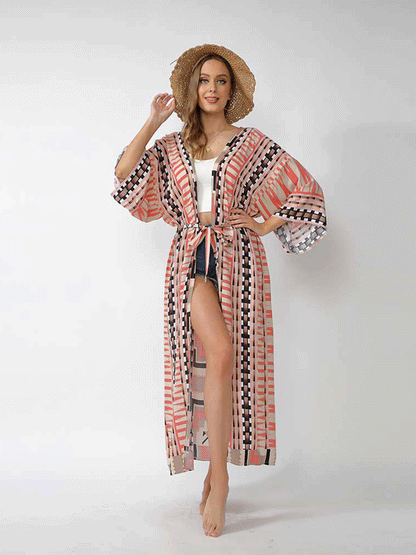 Printed Different Colors Polyester Long Length Gown Kimono Duster Robe