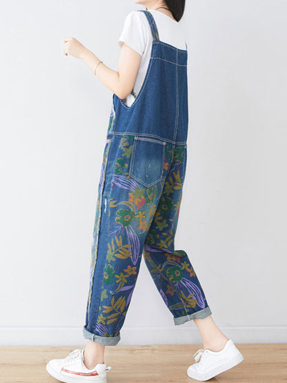 Hand-Painted Botanical Dungarees - Dropped Crotch Tapered Fit