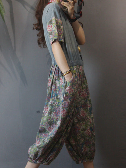 Floral Print Denim Jumpsuit - Elastic Cuff Style