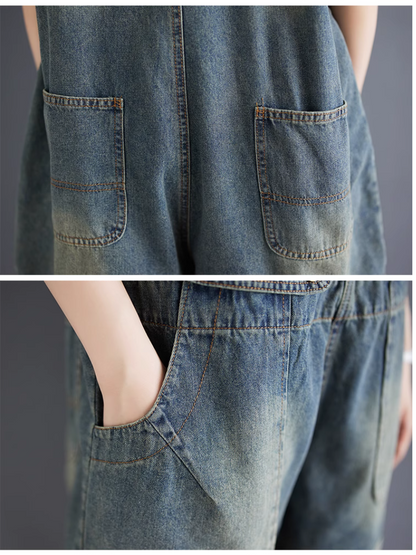 Trendy Women's High-Waist Baggy Denim Overalls Shorts | Eva Trends