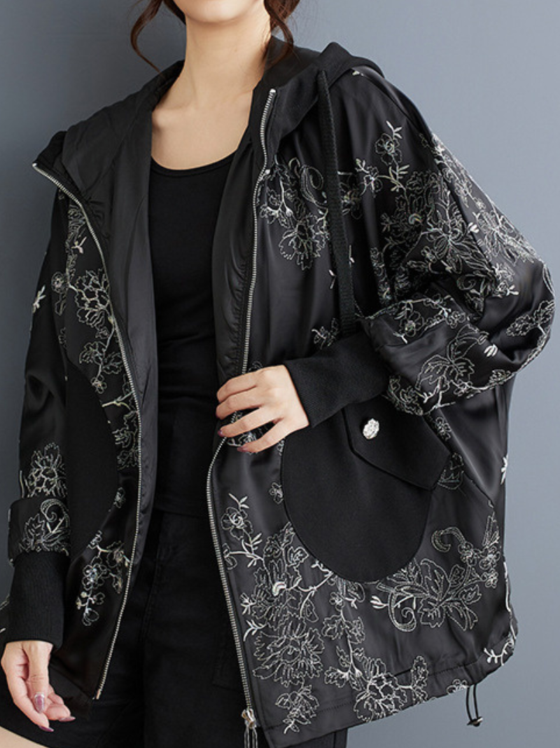 Women's Stylish & Trendy Hooded Embroidery Black Jacket