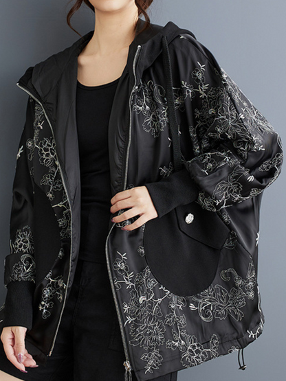Women's Stylish & Trendy Hooded Embroidery Black Jacket