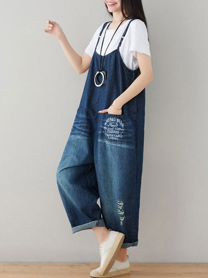 Graphic Detail Washed Denim Overalls