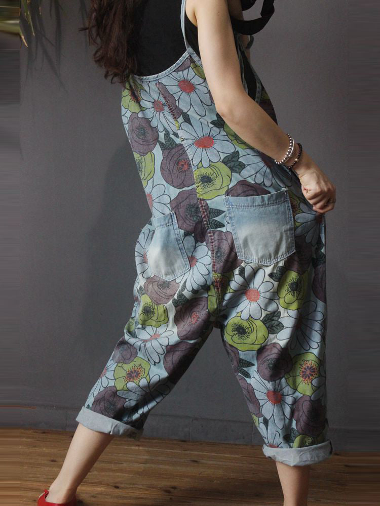 Vintage Floral Cotton Denim Dungarees - Patch Pocket Design