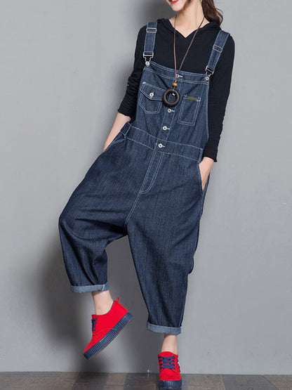 Loose Fit Button Front Denim Dungarees