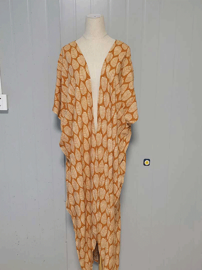 Printed Black & Yellow Color Polyester Long Length Gown Kimono Duster Robe