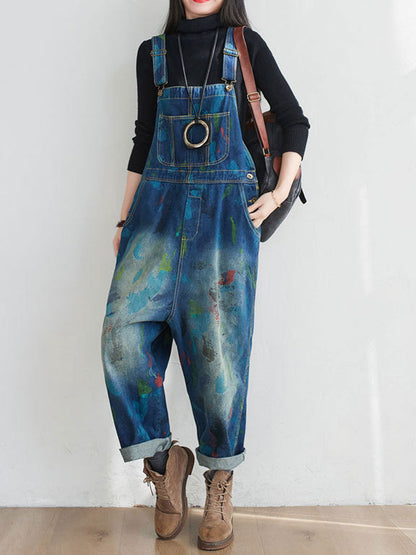 Painted Canvas Denim Dungarees - Relaxed Fit