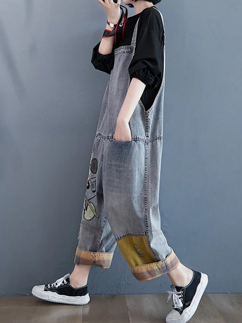 Cartoon Patch Denim Dungaree - Light Wash Relaxed Fit