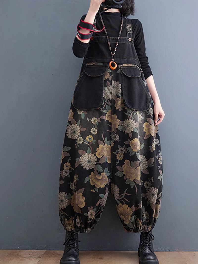 Casual Black Floral Print Women's Overalls with Side Pockets