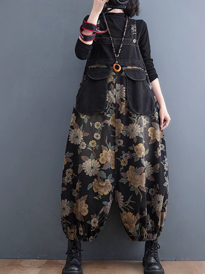 Casual Black Floral Print Women's Overalls with Side Pockets