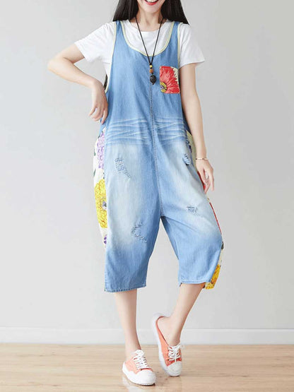 Blue Patchwork Denim Overall Dungarees