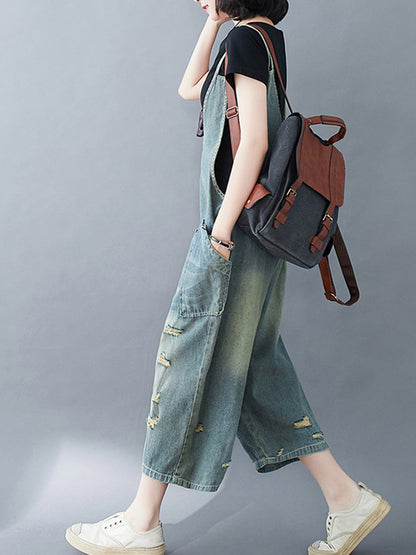 Distressed Denim Romper Dungarees - Large Patch Pocket Design