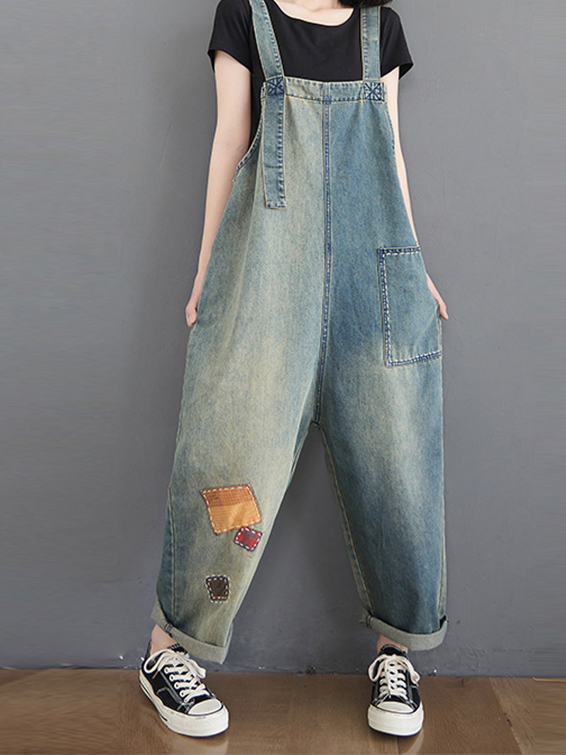 Vintage Wash Denim Dungarees - Artisan Patch Detail