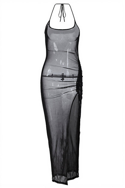 Sexy Sheer Mesh Insert Side Slit Bodycon Maxi Dress