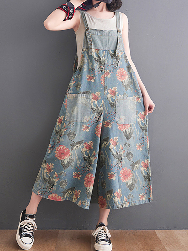 Wide-Leg Floral Denim Jumpsuit - Large Pocket Everyday Fit