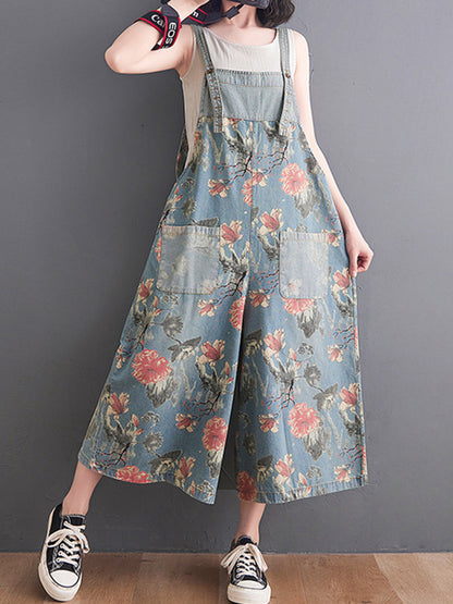 Wide-Leg Floral Denim Jumpsuit - Large Pocket Everyday Fit