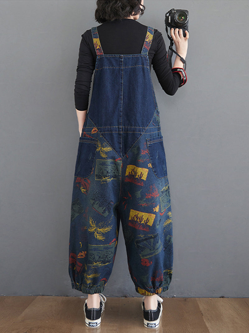 Balloon-Leg Denim Dungarees - Multi-Pocket Patch Print Design