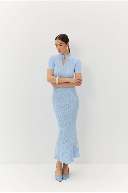 Candy Color Round Neck Short Sleeve Bodycon Knitted Maxi Dress