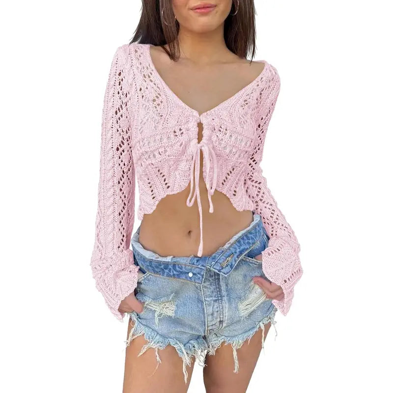 üåº Hollow Out Drawstring Flare Sleeve Cropped Top-Women Minimalist Knit Sweaterü™°