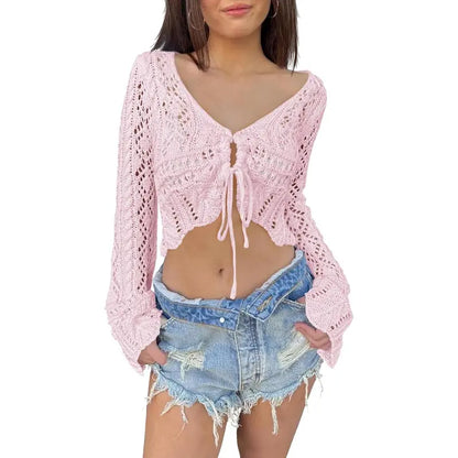 üåº Hollow Out Drawstring Flare Sleeve Cropped Top-Women Minimalist Knit Sweaterü™°