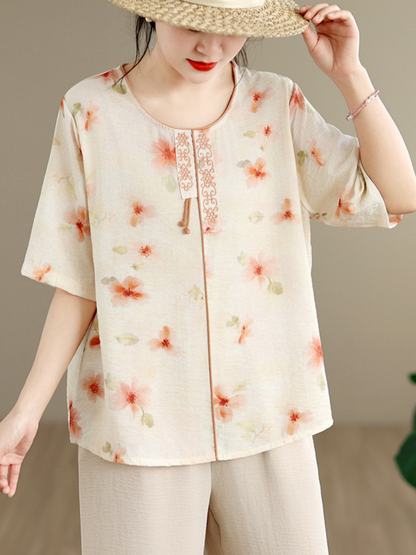 Sunlit Brunch Floral Blouse — Breathable Cotton-Linen, Effortlessly Polished Everyday Comfort