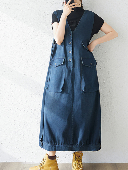 Minimal Utility Denim Dress with Pockets, Sleeveless V-Neck Midi Silhouette