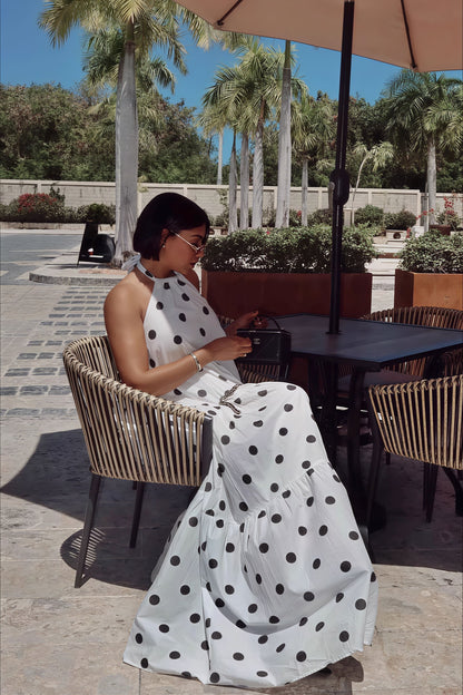 Elegant African Polka Dot Patchwork Halter Neck Swing Maxi Dress