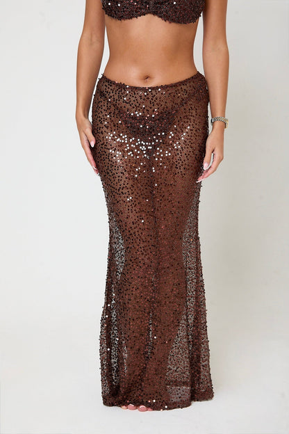 Mia Sequin Maxi Skirt | Brown