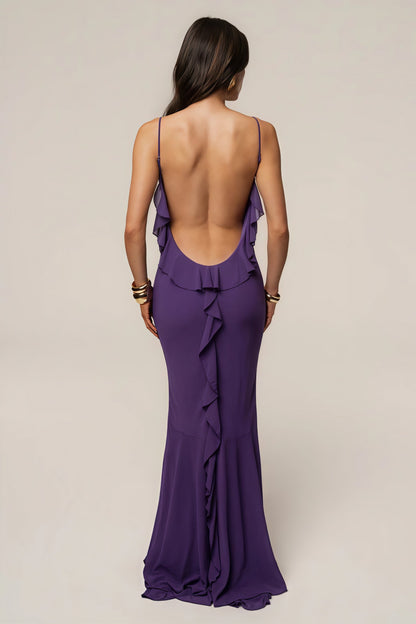 Elegant Open Back Ruffle Panel Maxi Dress