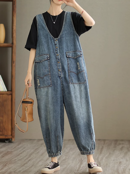 Versatile Women's High Waist Loose Denim Dungarees | Eva Trends