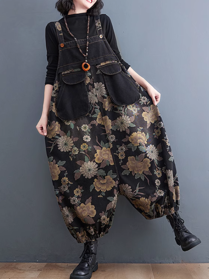 Casual Black Floral Print Women's Overalls with Side Pockets