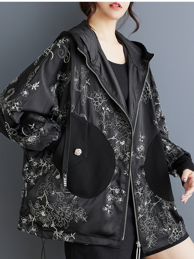 Women's Stylish & Trendy Hooded Embroidery Black Jacket