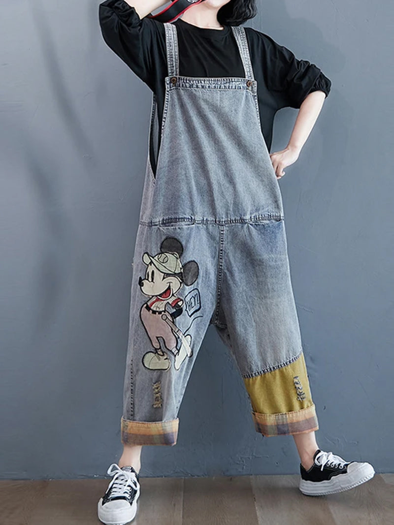 Cartoon Patch Denim Dungaree - Light Wash Relaxed Fit