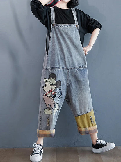 Cartoon Patch Denim Dungaree - Light Wash Relaxed Fit