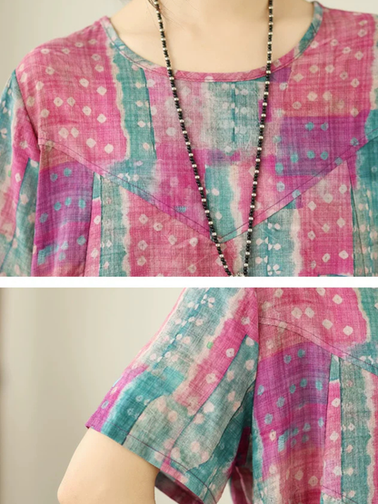 Artisanal Boho Midi Dress in Cotton Linen Blend, Relaxed Painterly Print