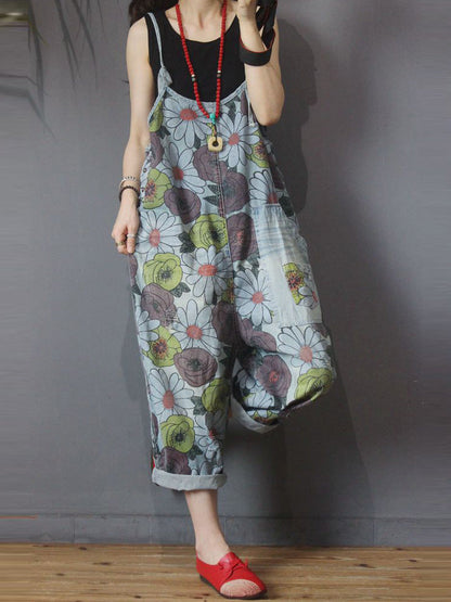 Vintage Floral Cotton Denim Dungarees - Patch Pocket Design