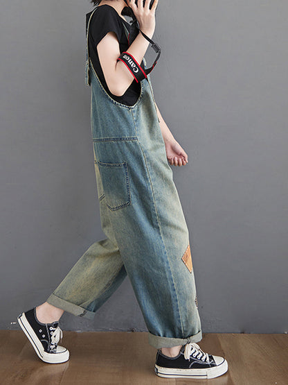 Vintage Wash Denim Dungarees - Artisan Patch Detail