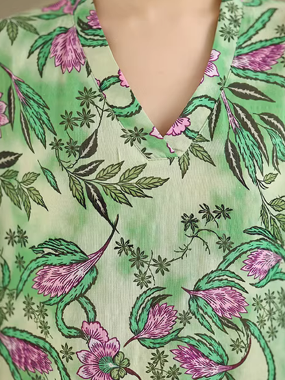 Botanical Print Maxi Kaftan Dress in Airy Artificial Cotton Elegance