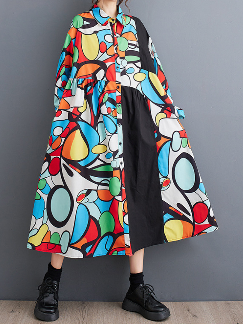 Women's Printed Flower A-Line Shirt Dress