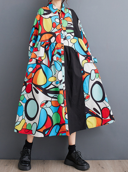 Women's Printed Flower A-Line Shirt Dress