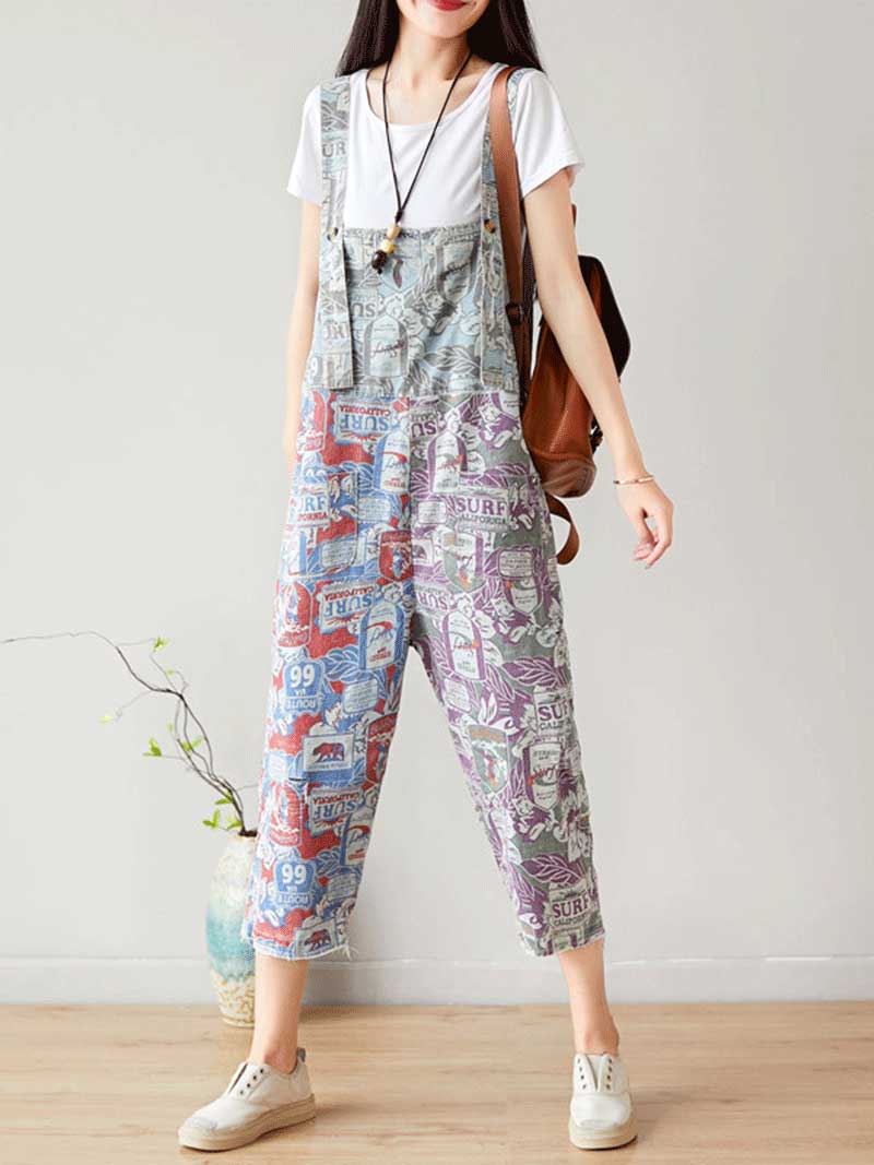 Surf Graphic Denim Dungarees with Adjustable Straps